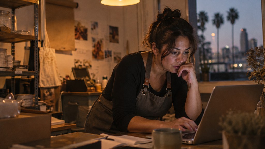A small-business owner in an apron leaning over a laptop on a cluttered back-office desk late in the day, photographed in San Diego