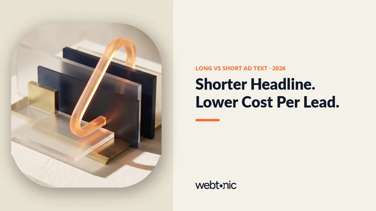 Long versus short ad text 2026 optimization benchmarks thumbnail showing a 9.35 dollar cost per acquisition for short headlines against 18.27 dollars for longer ones