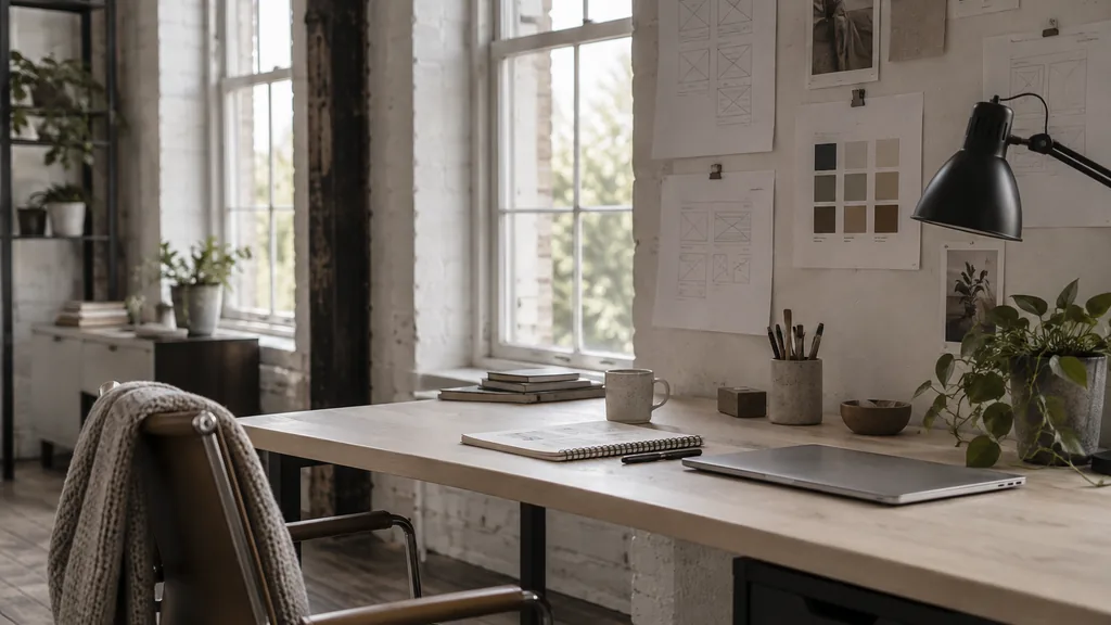 An empty workspace in a converted linen-warehouse design studio in the Cathedral Quarter on a soft grey afternoon, printed wireframes and a colour palette card pinned above a pale ash desk with a sketchbook and a closed laptop, tall sash windows with diffuse light