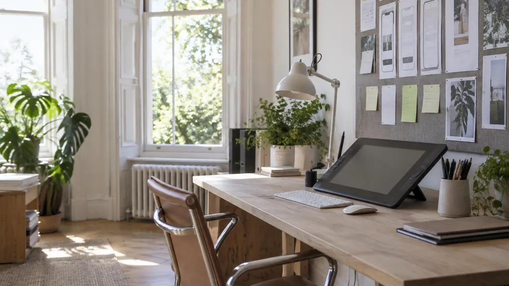 An empty workspace in a Georgian terrace office studio near Oxford Street in Southampton on a bright breezy morning, printed mobile screen layouts and sticky notes on a pinboard beside a white oak desk and a drawing tablet, tall sash windows with crisp light