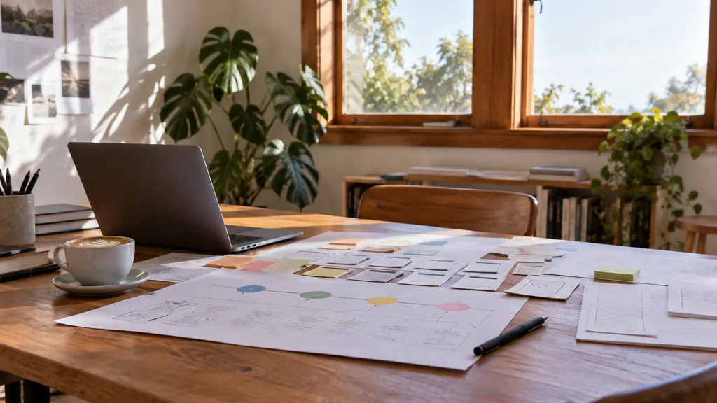 An empty workspace in a small upstairs design studio off Cuba Street in Wellington on a windy bright day, user-journey maps and paper prototypes spread across a rimu timber table beside a flat white, large timber-framed windows with bright sky
