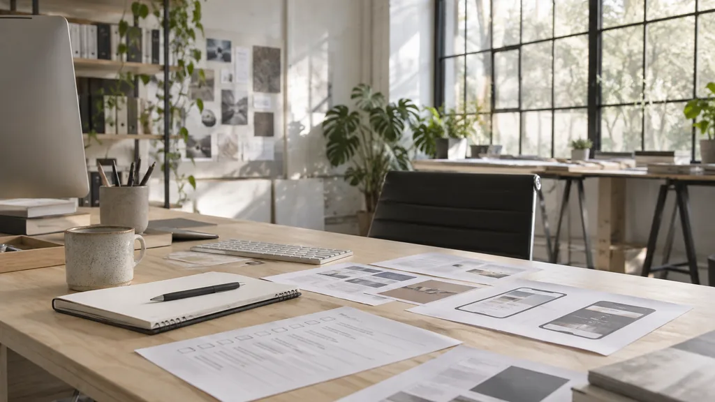 An empty workspace in a light-filled Braddon warehouse design studio on a clear crisp morning, accessibility checklists and printed interface mock-ups on a birch plywood desk beside a notebook and a keyboard, big steel-framed windows with pale winter light