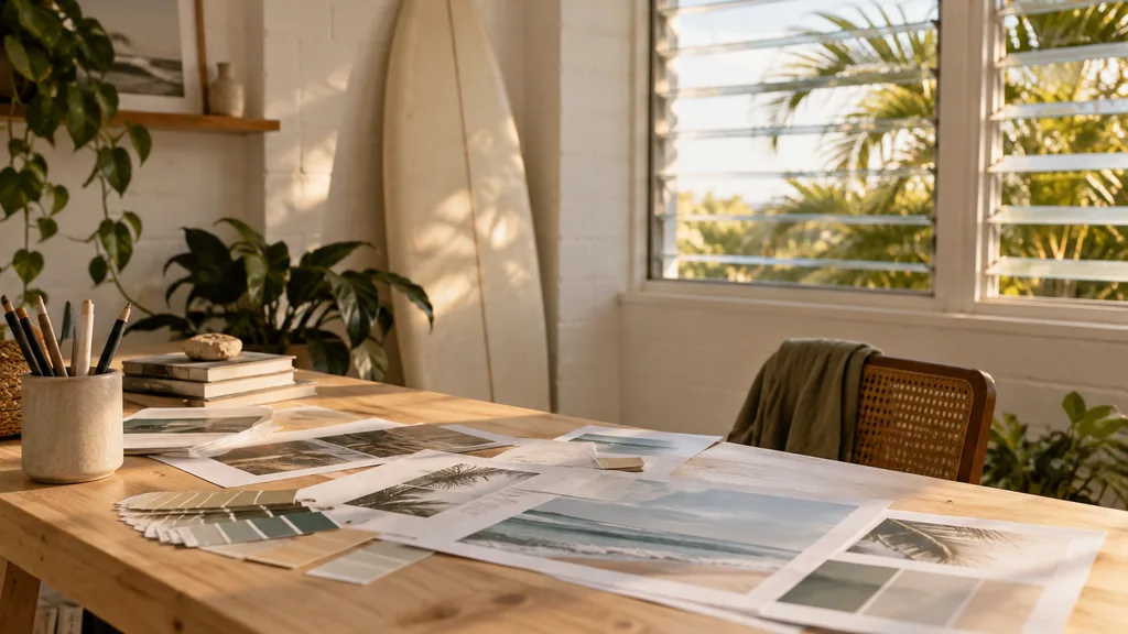 An empty workspace in a relaxed Burleigh Heads design studio on a sunny late afternoon, printed homepage mock-ups and colour swatches on a pale timber bench beside a surfboard leaning on a white-painted brick wall, louvred windows with warm golden light and palm fronds