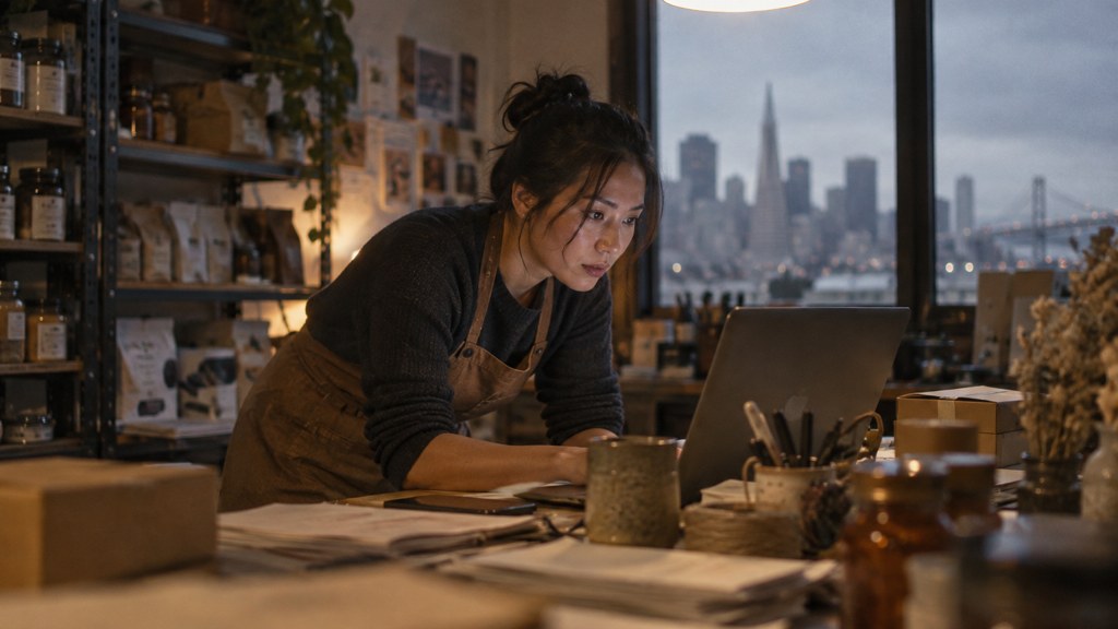 A small-business owner in an apron leaning over a laptop on a cluttered back-office desk late in the day, photographed in San Francisco