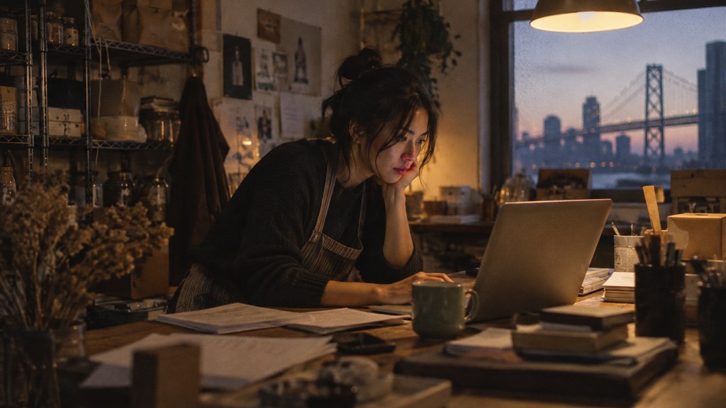 A small-business owner in an apron leaning over a laptop on a cluttered back-office desk late in the day, photographed in San Francisco