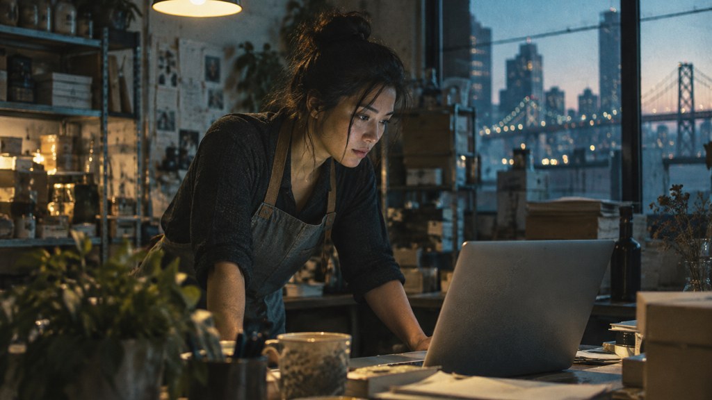 A small-business owner in an apron leaning over a laptop on a cluttered back-office desk late in the day, photographed in San Francisco