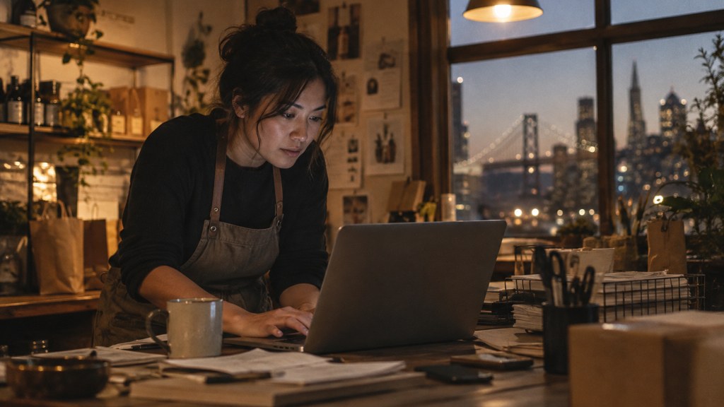 A small-business owner in an apron leaning over a laptop on a cluttered back-office desk late in the day, photographed in San Francisco
