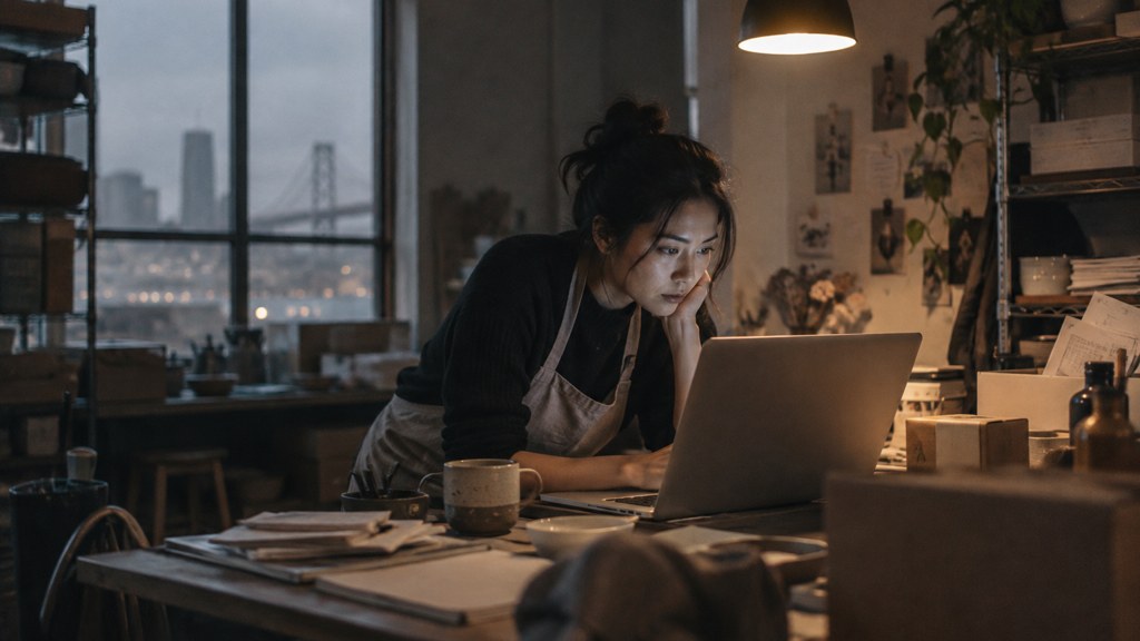 A small-business owner in an apron leaning over a laptop on a cluttered back-office desk late in the day, photographed in San Francisco