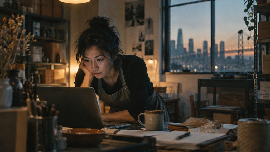 A small-business owner in an apron leaning over a laptop on a cluttered back-office desk late in the day, photographed in San Francisco