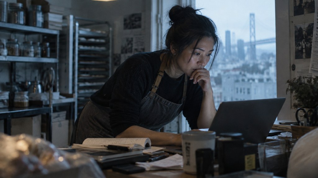 A small-business owner in an apron leaning over a laptop on a cluttered back-office desk late in the day, photographed in San Francisco