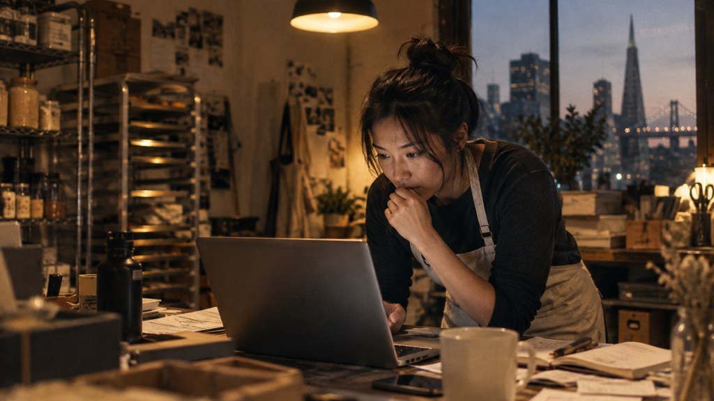 A small-business owner in an apron leaning over a laptop on a cluttered back-office desk late in the day, photographed in San Francisco