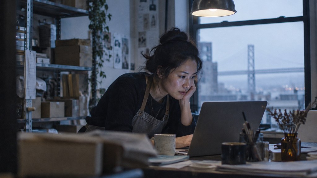 A small-business owner in an apron leaning over a laptop on a cluttered back-office desk late in the day, photographed in San Francisco