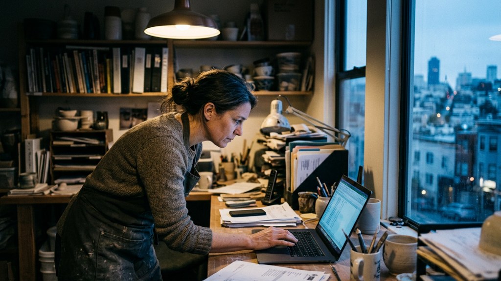 A small-business owner in an apron leaning over a laptop on a cluttered back-office desk late in the day, photographed in San Francisco