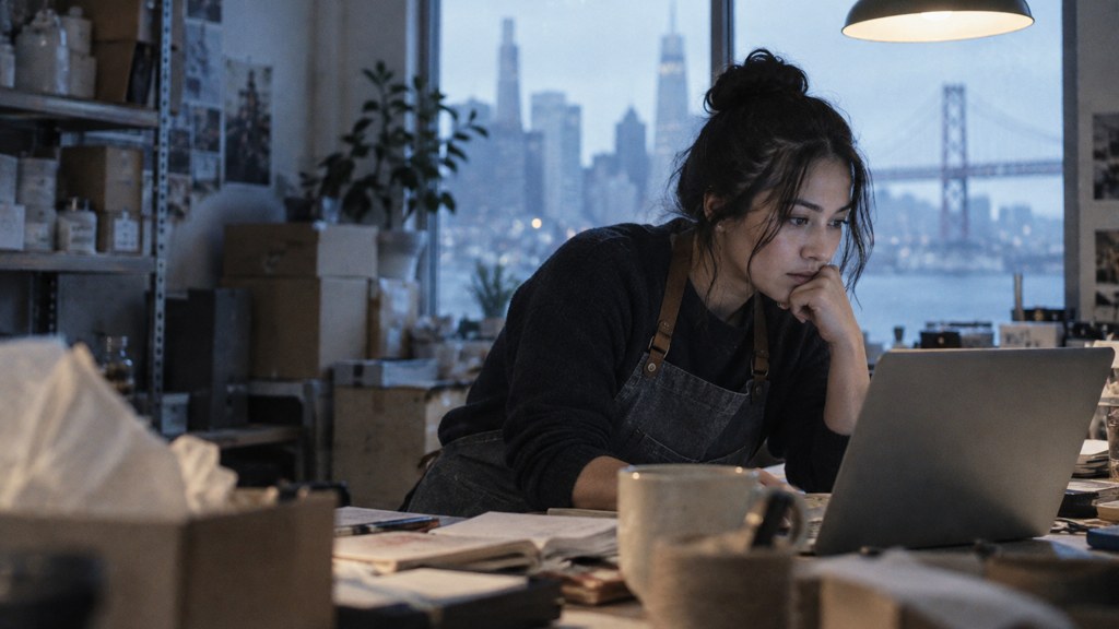 A small-business owner in an apron leaning over a laptop on a cluttered back-office desk late in the day, photographed in San Francisco