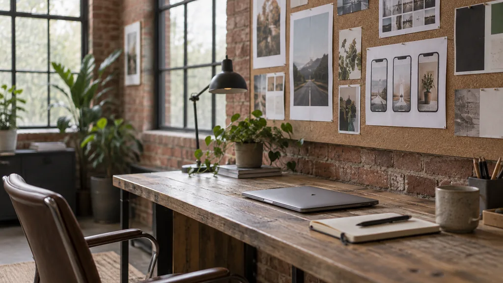 An empty workspace in a converted red-brick warehouse office in the Baltic Triangle on a soft overcast morning, printed ad storyboards and phone-sized creative mock-ups pinned to a cork wall above a reclaimed timber desk with a notebook and a closed laptop, tall industrial windows with diffuse light