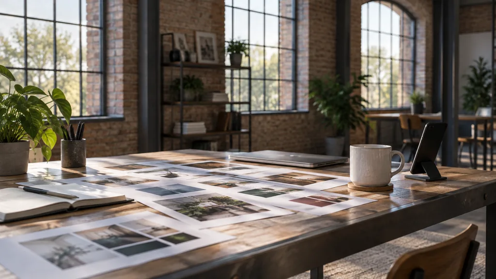 An empty workspace in a steel-framed studio in a restored Kelham Island works building on a bright crisp morning, printed social ad variations and audience notes spread across a raw steel and oak table beside a mug of tea and a phone on a stand, large arched factory windows with clean light