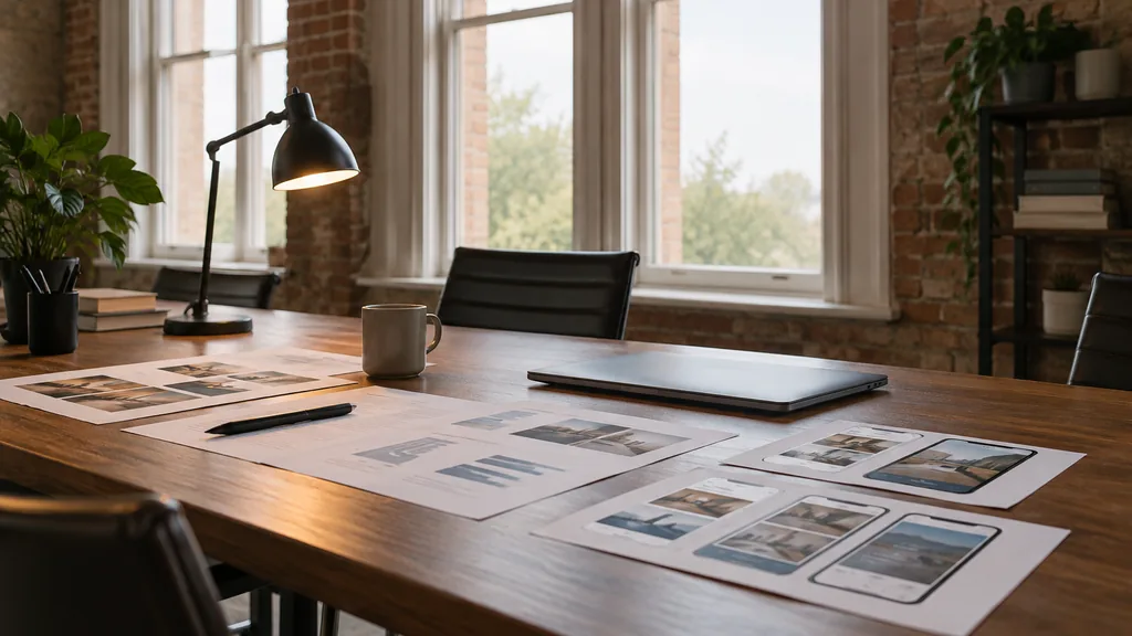 An empty workspace in a Lace Market loft office in Nottingham on a gentle grey afternoon, printed campaign reports and phone-format ad drafts laid out on a long walnut table beside a desk lamp and a closed laptop, tall Victorian windows with soft light