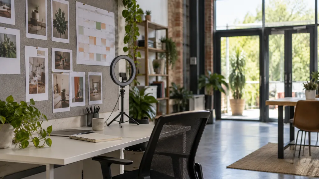 An empty workspace in a creative office in a converted bus depot in Leicester on a clear bright morning, printed carousel ad frames and a content calendar on a pinboard beside a white desk with a ring light switched off and a notebook, big glazed doors with bright daylight