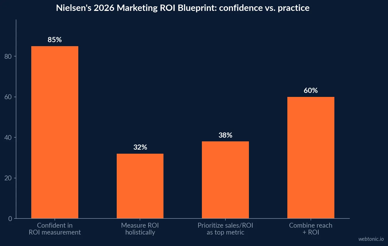 Bar chart of Nielsen's 2026 Marketing ROI Blueprint showing 85 percent confidence in ROI measurement against 32 percent who measure it holistically, 38 percent prioritizing ROI and 60 percent combining reach with ROI