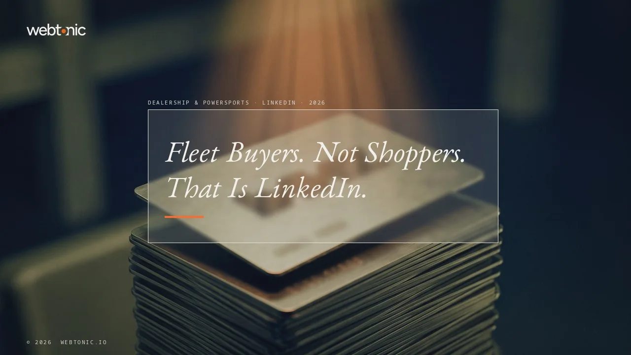 Car dealership and powersports LinkedIn Ads statistics 2026 thumbnail showing a median cross industry cost per lead of one hundred sixty four dollars for a content offer campaign