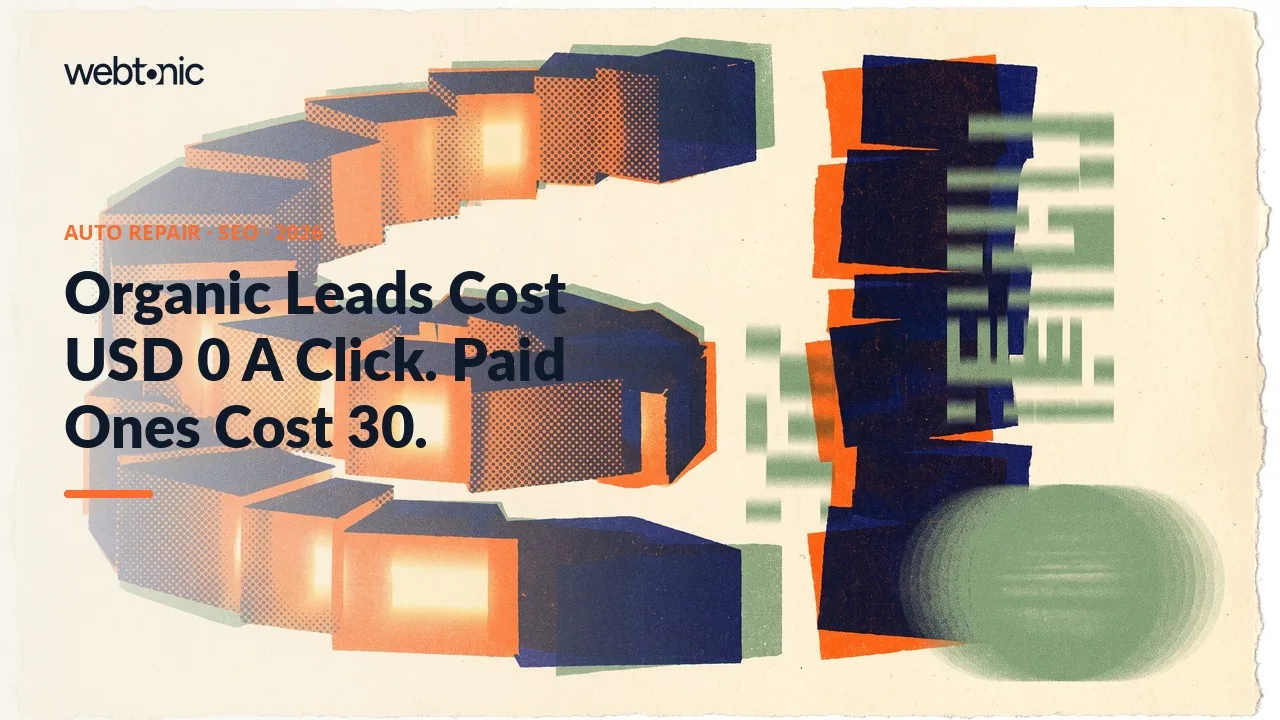 Auto repair SEO statistics 2026 thumbnail showing average paid search cost per lead of USD 29.96, up 5.12 percent year over year