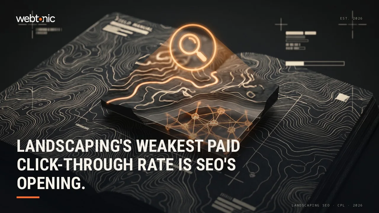 Landscaping SEO benchmarks 2026 thumbnail showing a USD 117.92 average cost per lead against a 4.69 percent paid search click-through rate, the lowest in home services
