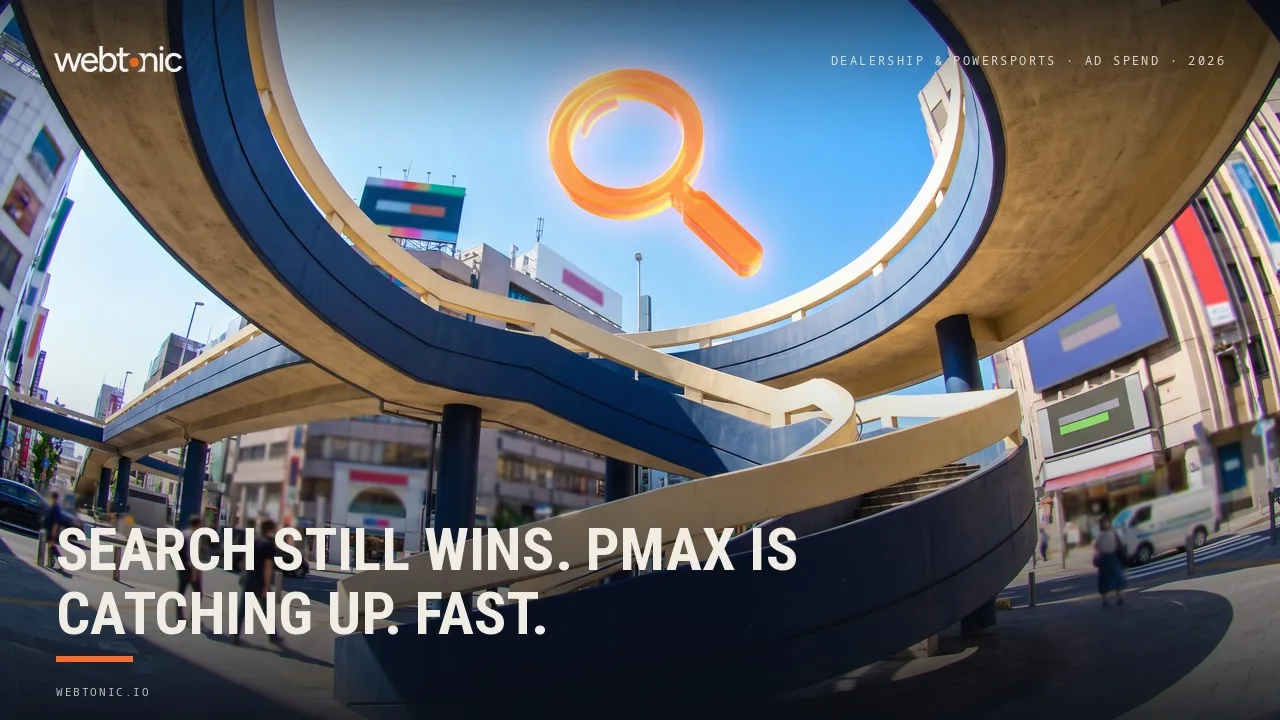 Car dealership and powersports ad spend and creative statistics 2026 thumbnail showing Performance Max conversions per dealer up eighty two percent year over year
