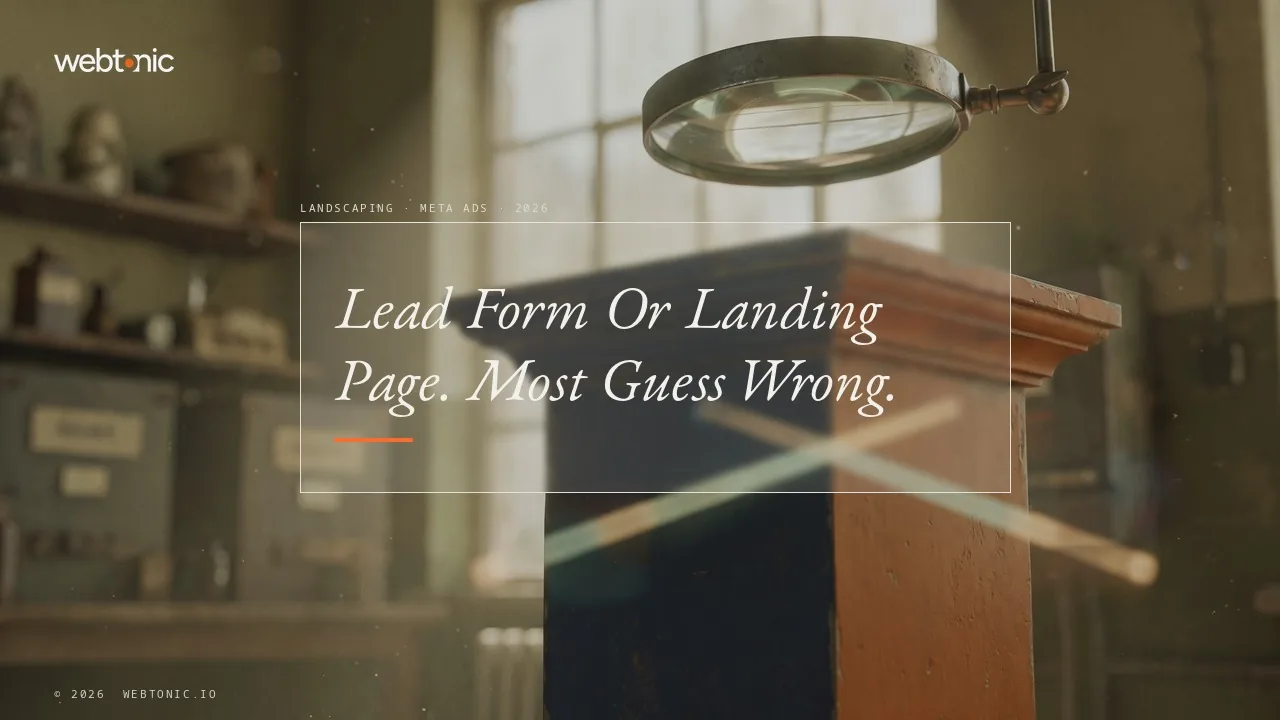 Landscaping Meta ads statistics 2026 thumbnail showing only 1.4 percent of 145 audited landscaping advertisers running a dedicated landing page versus 15.2 percent on a lead form
