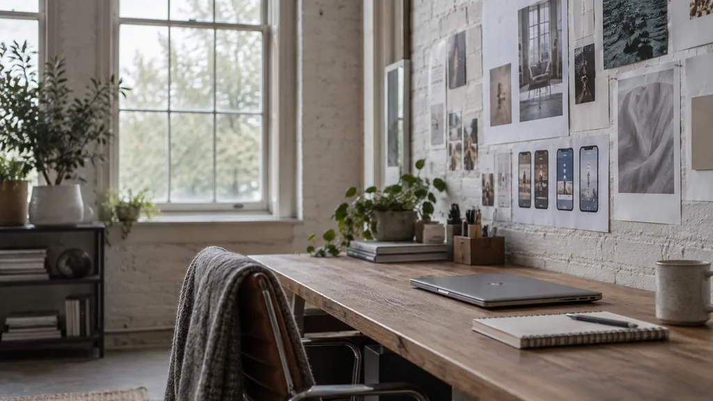 An empty workspace in a converted linen-warehouse studio in the Cathedral Quarter on a soft grey morning, printed social ad storyboards and phone-sized creative proofs pinned above a long oak desk with a notebook and a closed laptop, tall sash windows with diffuse light