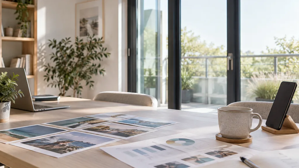 An empty workspace in a bright waterside office in Ocean Village on a clear breezy morning, printed carousel ad frames and an audience plan spread across a pale ash table beside a mug of tea and a phone on a stand, wide glazed doors with clean light