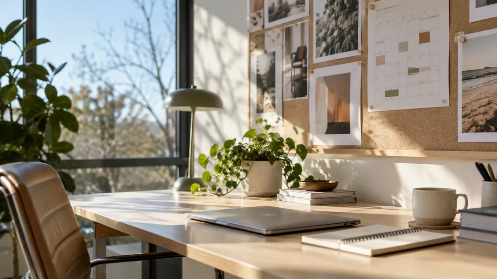 An empty workspace in a calm modern studio in Braddon on a crisp sunny winter morning, printed Instagram ad variations and a campaign calendar on a pinboard above a white oak desk with a notebook and a closed laptop, large windows onto bare trees and clear sky