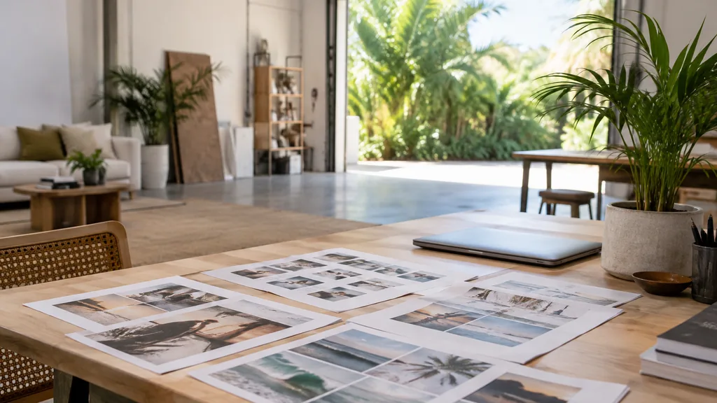 An empty workspace in an airy warehouse studio in Burleigh Heads on a bright subtropical morning, printed Reels storyboards and ad creative proofs laid out on a light timber table beside a potted palm and a closed laptop, roller door open to soft green foliage