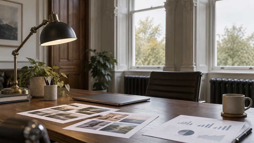 An empty workspace in a restored Victorian office in Cardiff Bay on a soft overcast afternoon, printed Facebook ad mock-ups and a results sheet across a dark walnut table beside a desk lamp and a closed laptop, tall arched windows with gentle light