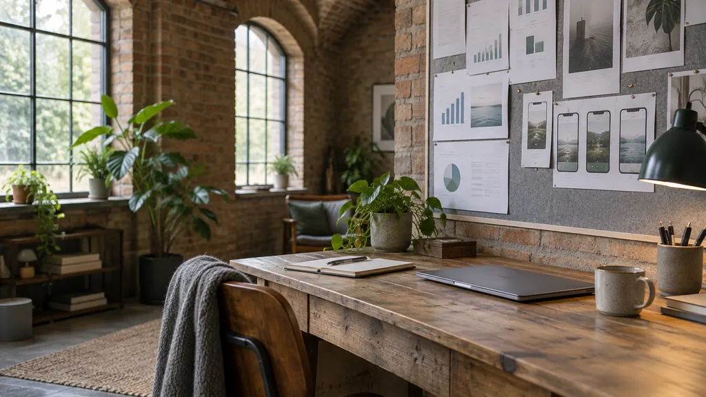 An empty workspace in a brick-vaulted studio in the Ouseburn valley on a cool bright morning, printed paid social test results and phone-format ad drafts pinned to a board above a reclaimed pine desk with a notebook and a closed laptop, arched windows with soft light