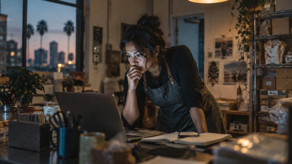 A small-business owner in an apron leaning over a laptop on a cluttered back-office desk late in the day, photographed in San Jose