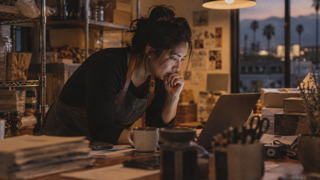 A small-business owner in an apron leaning over a laptop on a cluttered back-office desk late in the day, photographed in San Jose