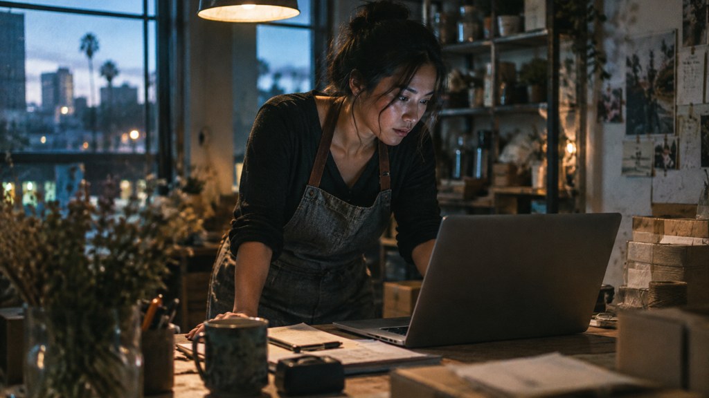 A small-business owner in an apron leaning over a laptop on a cluttered back-office desk late in the day, photographed in San Jose