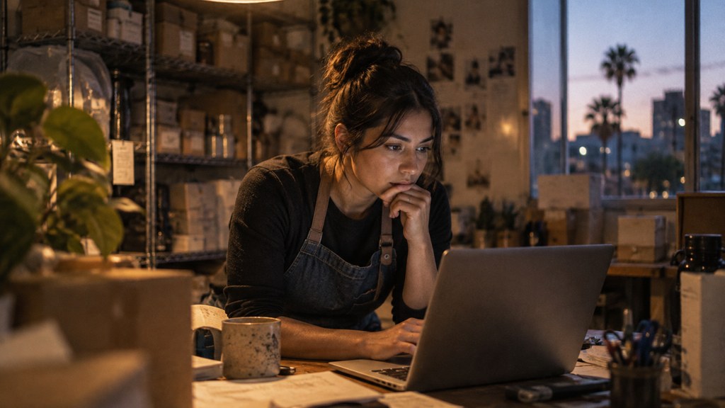 A small-business owner in an apron leaning over a laptop on a cluttered back-office desk late in the day, photographed in San Jose