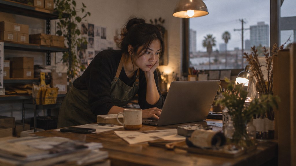 A small-business owner in an apron leaning over a laptop on a cluttered back-office desk late in the day, photographed in San Jose