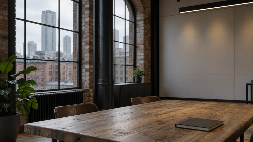 An empty workspace in a converted Ancoats mill office in Manchester with soft rain-grey daylight through tall arched windows, an empty planning wall and one closed notebook on a reclaimed oak table