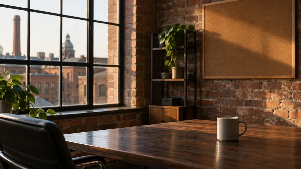 An empty workspace in a Jewellery Quarter brick workshop office in Birmingham with warm late-afternoon light, a bare cork board and a plain mug on a dark walnut table