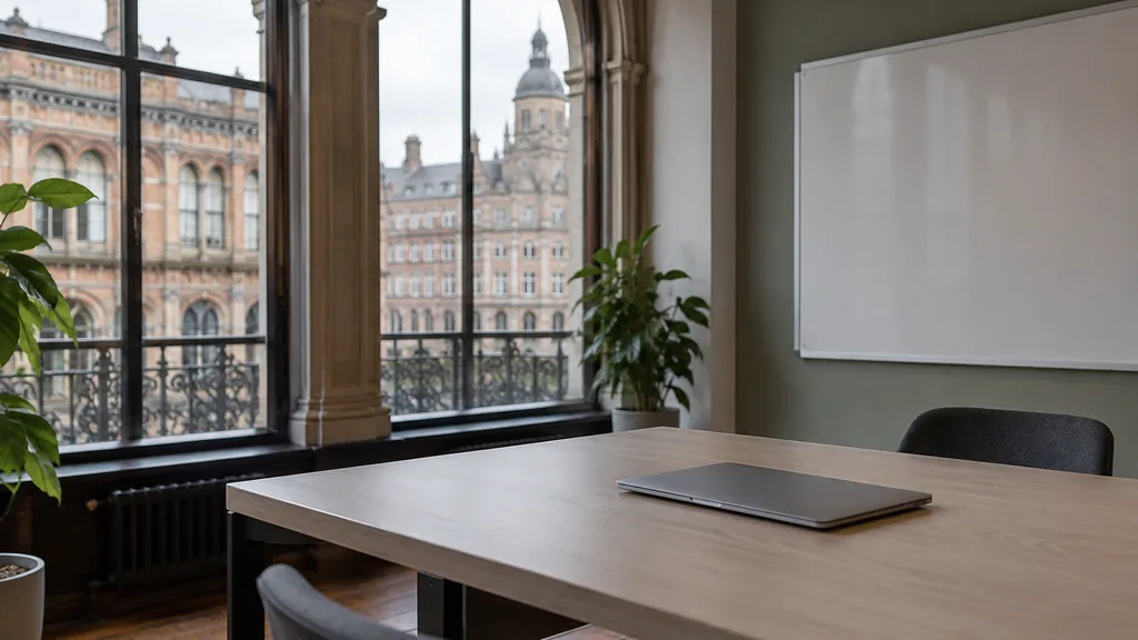 An empty workspace in a Victorian arcade loft office in Leeds with pale overcast light, a blank whiteboard and a single closed laptop on a pale ash table