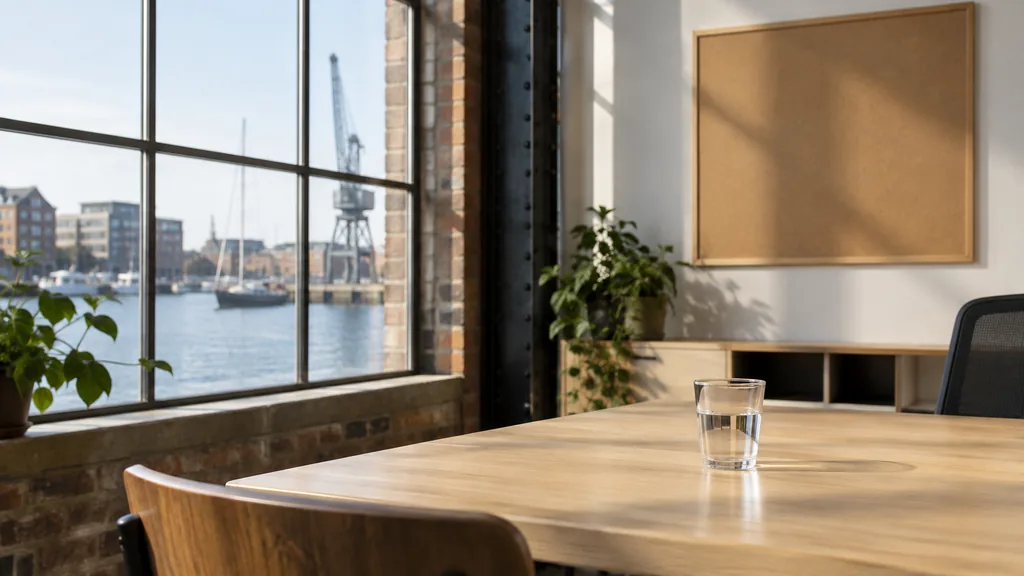 An empty workspace in a harbourside warehouse office in Bristol with bright coastal morning light, an empty pinboard and a plain water glass on a light timber table