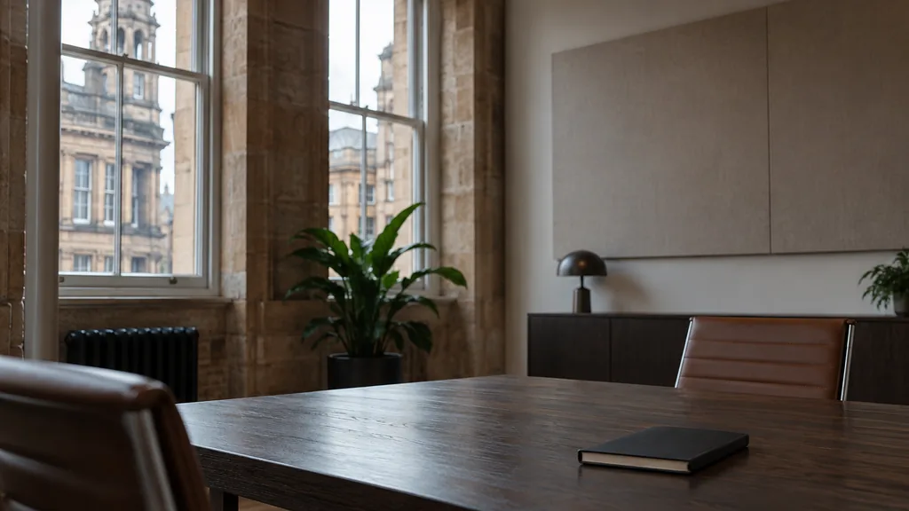 An empty workspace in a Merchant City sandstone office in Glasgow with cool diffuse light through sash windows, a bare planning wall and one closed notebook on a dark oak table