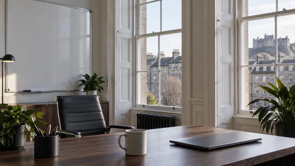 An empty workspace in a Georgian New Town office in Edinburgh with crisp northern light, tall shuttered windows, an empty whiteboard and a plain mug on a walnut desk