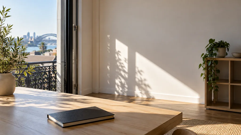 An empty workspace in a Surry Hills terrace studio in Sydney with bright harbour-city sunlight, a bare planning wall and one closed notebook on a blonde timber table