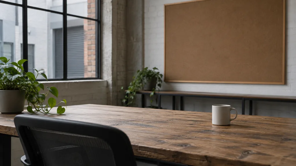 An empty workspace in a Cremorne warehouse office in Melbourne with soft grey laneway light, an empty pinboard and a plain ceramic cup on a recycled hardwood table