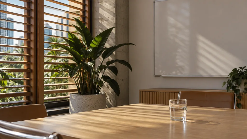 An empty workspace in a Fortitude Valley studio in Brisbane with warm subtropical light filtered through timber louvres, a blank whiteboard and a plain water glass on a light oak desk