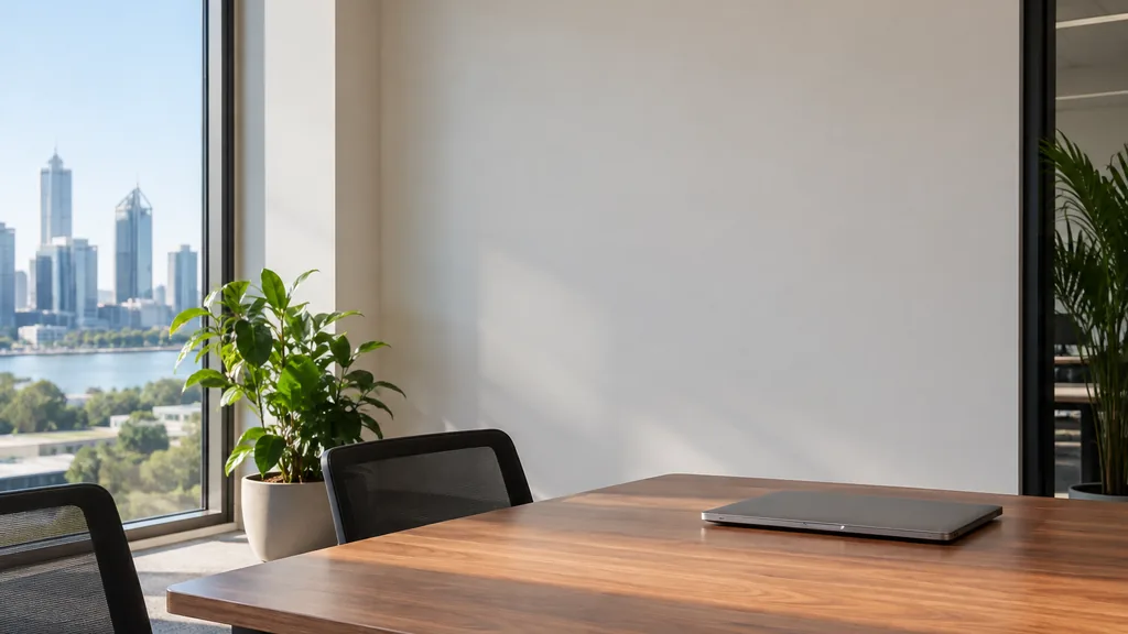 An empty workspace in a West Perth office in Perth with clear dry Indian Ocean light, a bare planning wall and one closed laptop on a pale jarrah table