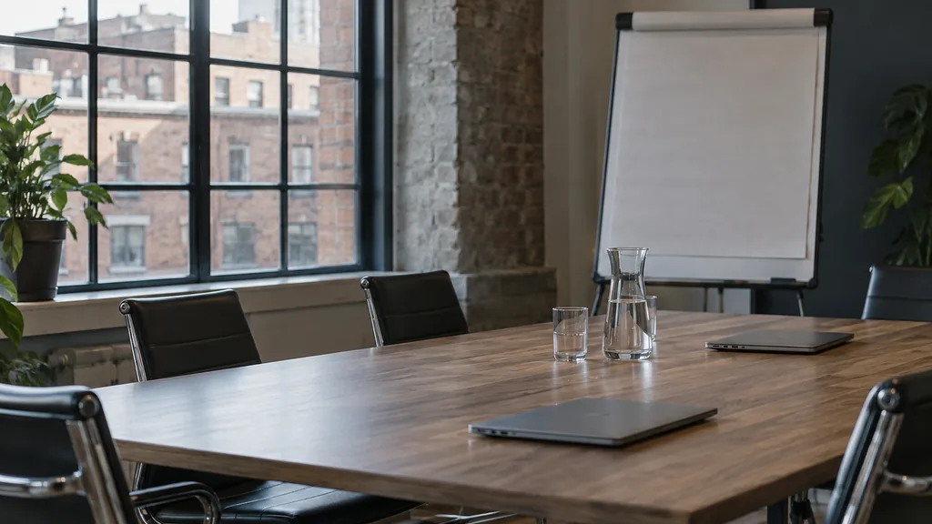 An empty meeting room in a Northern Quarter meeting room in Manchester with cool morning light, a long table with two closed laptops, a blank flip chart and a jug of water